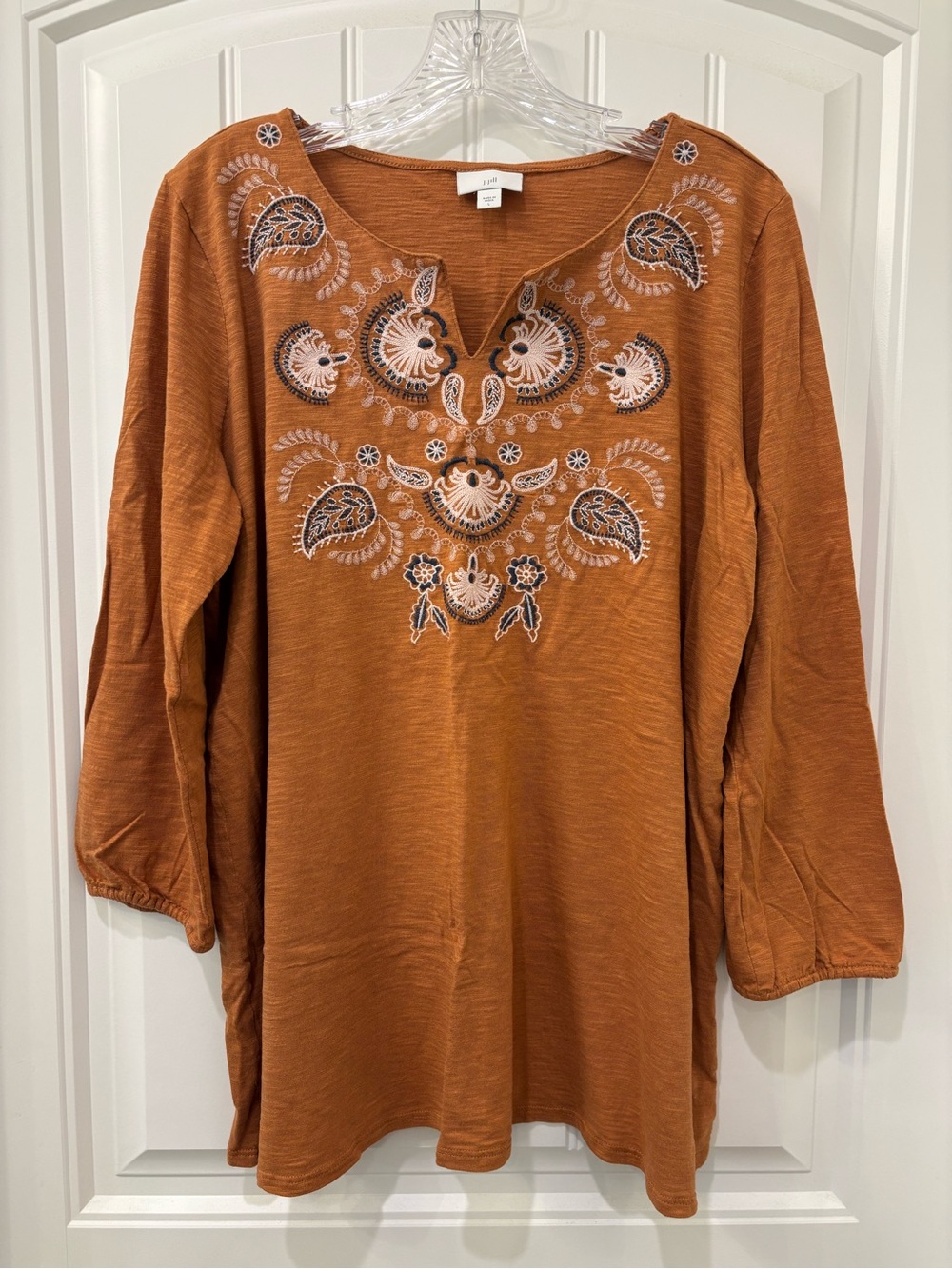 J.Jill Women’s Burnt Orange Embroidered Cotton Mix 3/4 Sleeved Shirt Size L